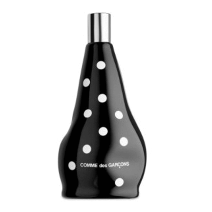黒いボトルに白い水玉模様、ボトルは非左右対称、トップはシルバー