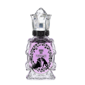 芸術的なボトルにピンクの香水、トップもクリスタルカット、黒の模様がシックです
