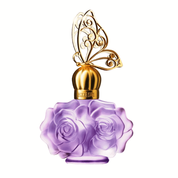 薄紫の花をかたどったボトル、トップは金色で蝶が綺麗な羽を休ませている