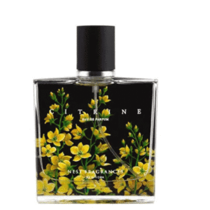 四角所のボトル、シースルーのボトルの片面に黒字に黄色の花、トップは黒色