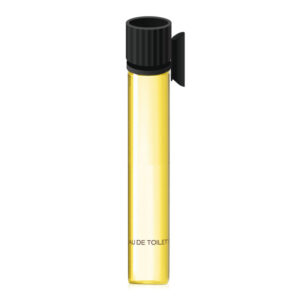 黄色い香水が細いガラスの管に入っている、トップは黒色